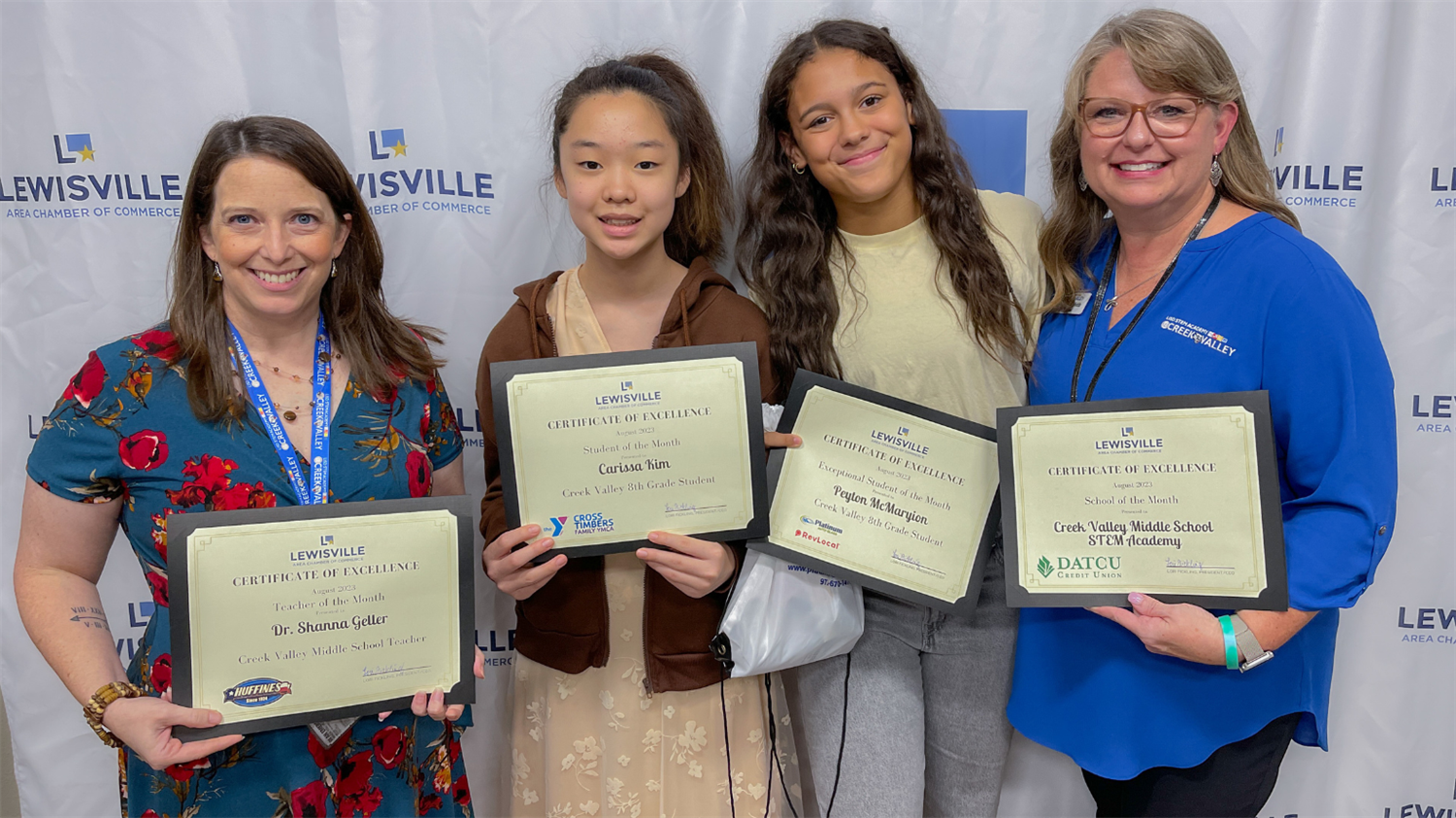  Creek Valley Middle School students and staff recognized by the Lewisville Chamber. August 2023